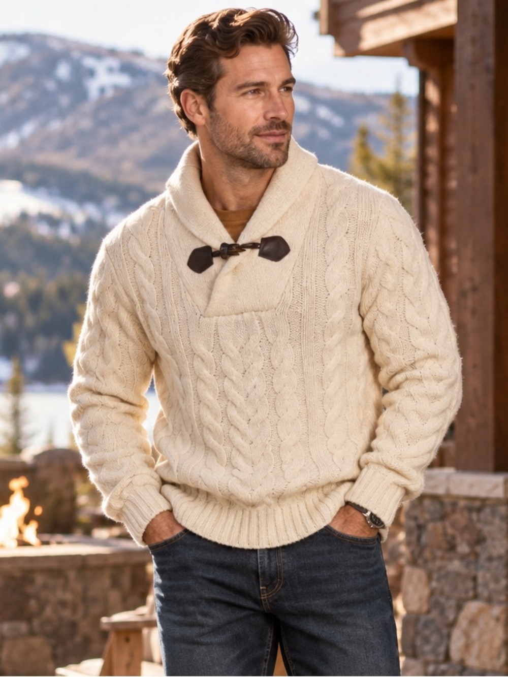 Loft 604 wool cable knit sweater cream NEW medium Mens